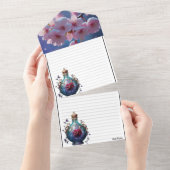 Elegante drievoudige trouwuitnodiging - Roze kers All In One Uitnodiging (Afscheurbaar)