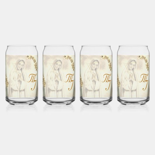 Elegante Drinkset met Maagd Maria Monogram Blikvorm Glas (Voorkant)