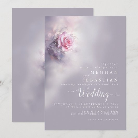 Elegante Dromerige Roze Roos op Dusty Lila Kaart (Voorkant / Achterkant)