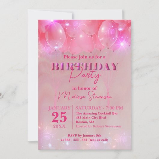 Elegante dromerige sparkly roze ballon verjaardags kaart (Voorkant)