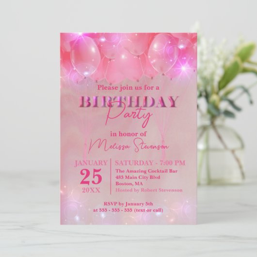 Elegante dromerige sparkly roze ballon verjaardags kaart (Staand voorkant)