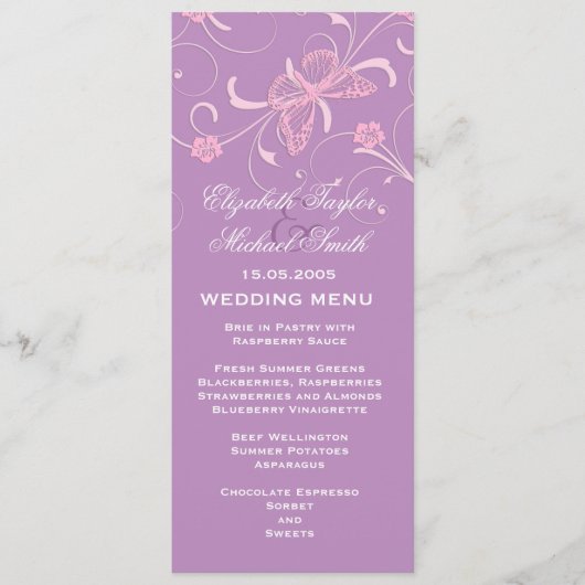 Elegante droom Lavendel Vlinder Bruiloft Menu (Voorkant)