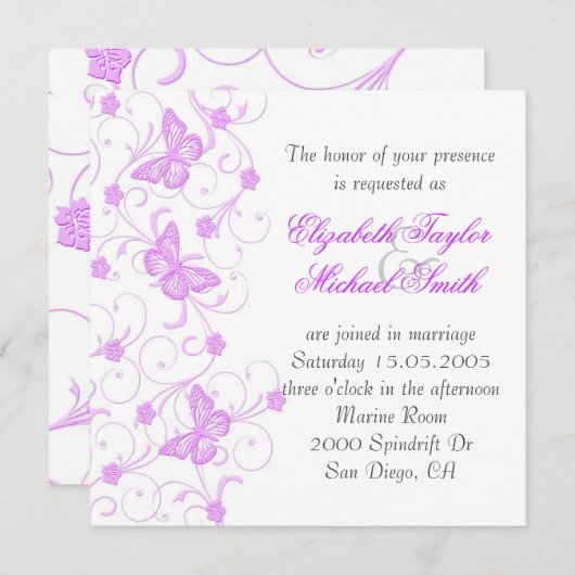 Elegante droom Paarse vlinder bruiloft uitnodigen Kaart (Voorkant / Achterkant)