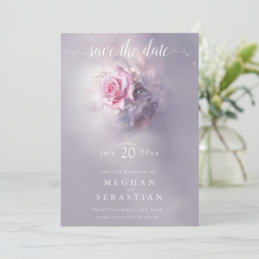 Elegante droomroze op stoffig lila kaart (Staand voorkant)