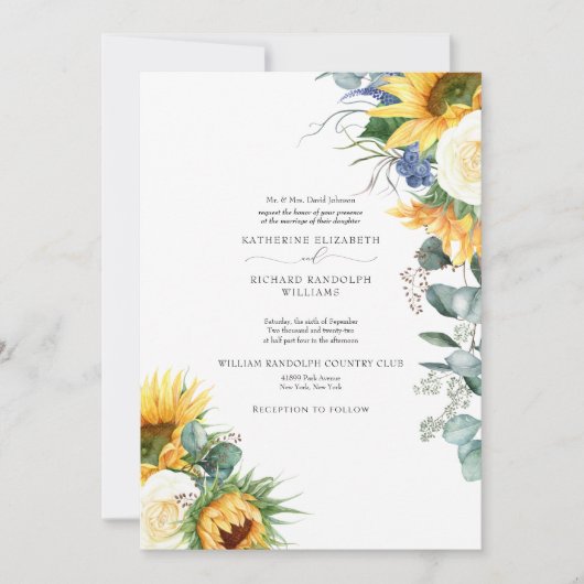 Elegante druipende zonnebloemen bloemige trouwdag kaart (Voorkant)