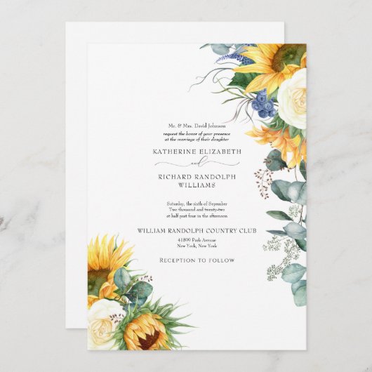Elegante druipende zonnebloemen bloemige trouwdag kaart (Voorkant / Achterkant)