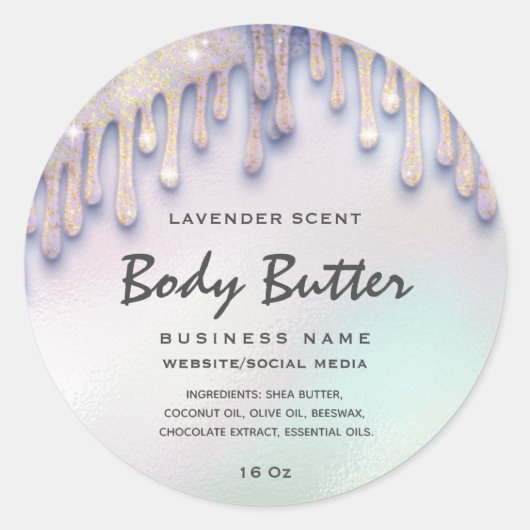 Elegante druppels holografisch body butter label (Voorkant)