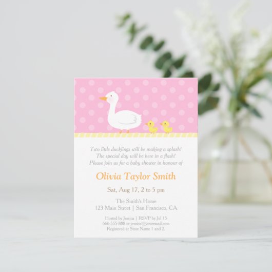 Elegante Duck Twin Girls Baby Shower Uitnodigingen (Staand voorkant)