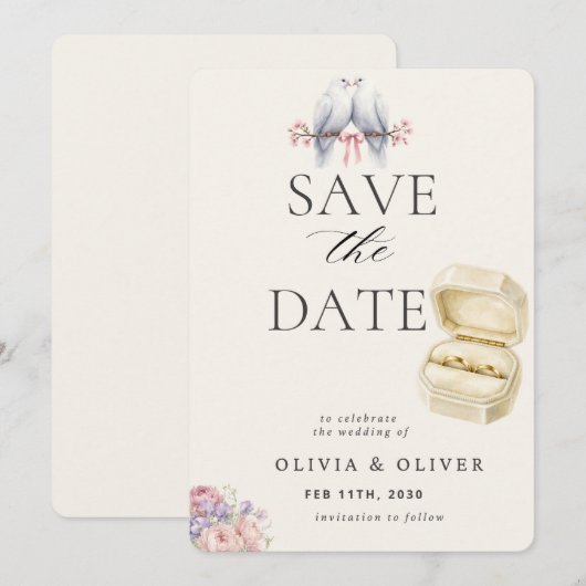 Elegante Duif Save the Date Uitnodiging – Romantis (Voorkant / Achterkant)