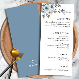 Elegante Dusty blauw Bloemen Kalligrafie Huwelijk Menu