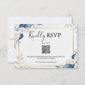 Elegante Dusty Blauw en Goud Bloemen RSVP QR Code (Voorkant)