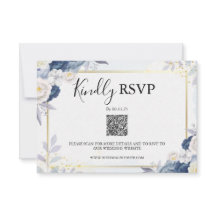 Elegante Dusty Blauw en Goud Bloemen RSVP QR Code