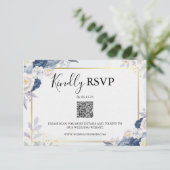 Elegante Dusty Blauw en Goud Bloemen RSVP QR Code (Staand voorkant)