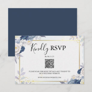 Elegante Dusty Blauw en Goud Bloemen RSVP QR Code Kaartje