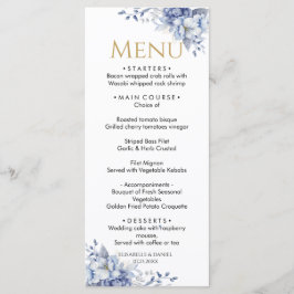 Elegante Dusty Blauw en Goud Bloemen Trouwdiner Menu