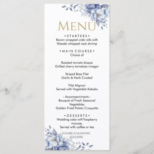 Elegante Dusty Blauw en Goud Bloemen Trouwdiner Menu (Voorkant)