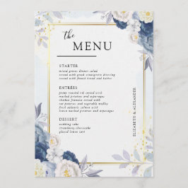 Elegante Dusty Blauw en Goud Bloemen Trouwtafel Menu