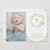 Elegante Dusty Blauw Goud Bloemen Doop Communie Kaart (Voorkant)