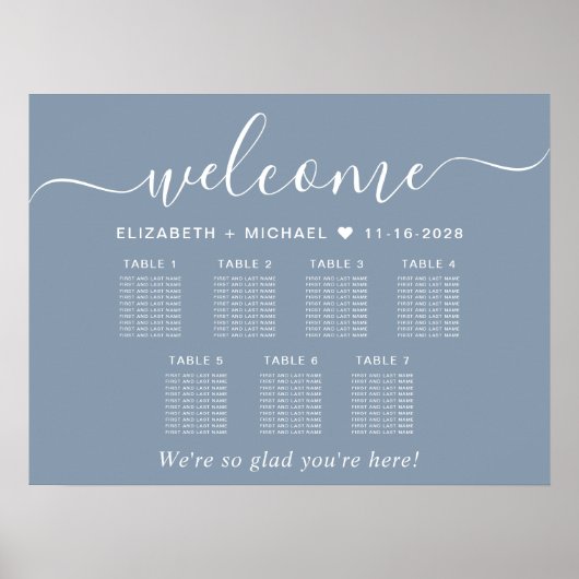 Elegante Dusty Blue 7 Tafel Trouwstoel Grafiek Poster (Voorkant)