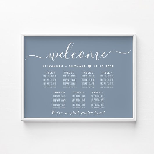 Elegante Dusty Blue 7 Tafel Trouwstoel Grafiek Poster