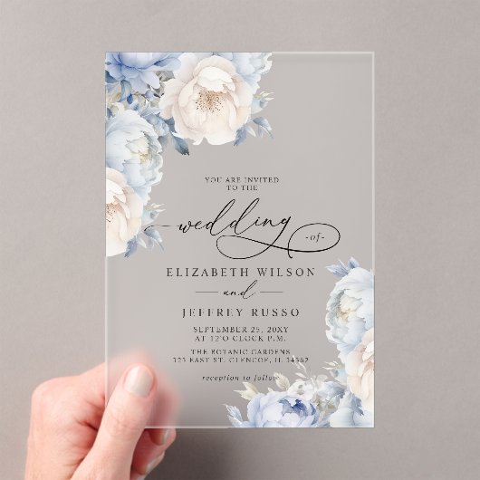 Elegante Dusty Blue Blush Botanical Floral Wedding Acryl Uitnodigingen (Insitu (Draagbaar))