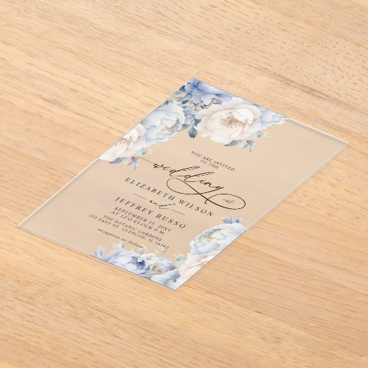 Elegante Dusty Blue Blush Botanical Floral Wedding Acryl Uitnodigingen (Laagn)
