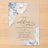 Elegante Dusty Blue Blush Botanical Floral Wedding Acryl Uitnodigingen (Voorkant)