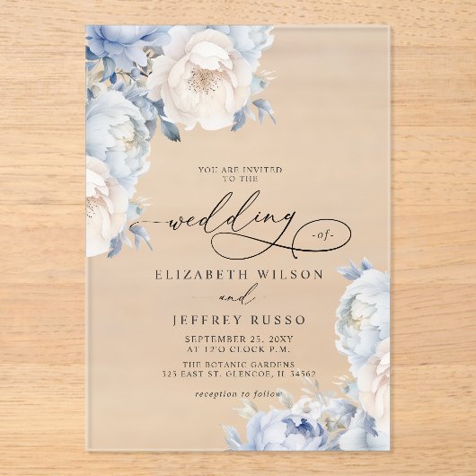 Elegante Dusty Blue Blush Botanical Floral Wedding Acryl Uitnodigingen (Voorkant)