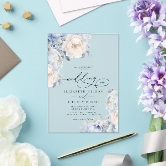 Elegante Dusty Blue Blush Botanical Floral Wedding Acryl Uitnodigingen (Insitu (Huwelijk))