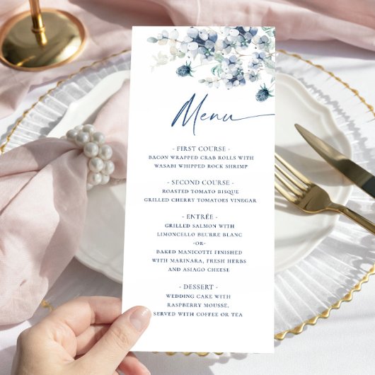 Elegante Dusty Blue Bohemian Winter Foliage Weddin Menu