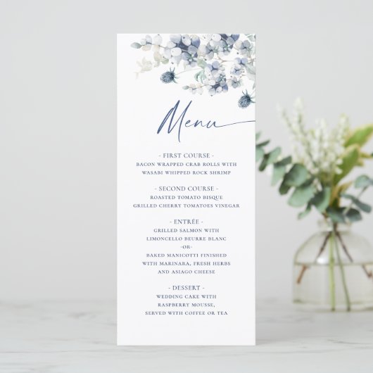 Elegante Dusty Blue Bohemian Winter Foliage Weddin Menu (Staand voorkant)