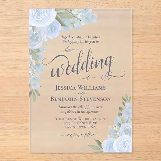 Elegante Dusty Blue Boho Chic Rozen Fancy bruiloft Acryl Uitnodigingen (Voorkant)