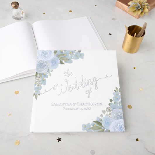 Elegante Dusty Blue Boho Floral Folie bruiloft Gastenboek (Voorkant open)