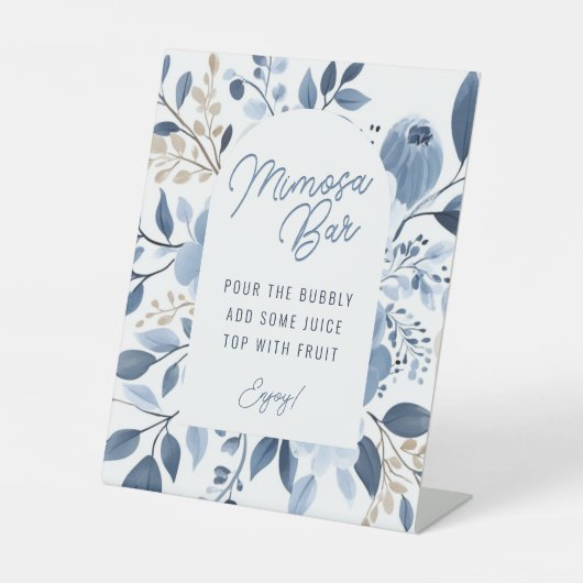Elegante Dusty Blue Boho Vrijgezellenfeest Mimosa Reclamebord Met Voetstuk (Voorkant)
