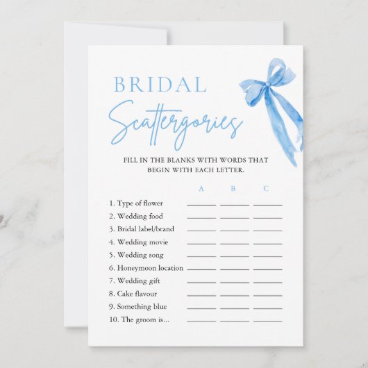 Elegante Dusty Blue Bow Bridal Scattergories Game Kaart (Voorkant)
