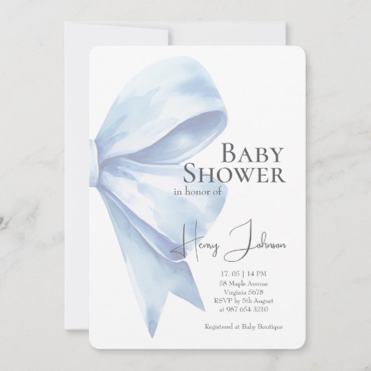 Elegante Dusty Blue Bow Waterverf Baby shower Boy Kaart (Voorkant)