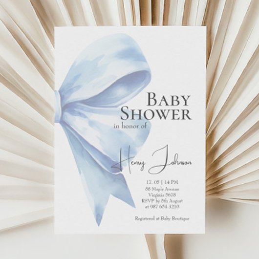 Elegante Dusty Blue Bow Waterverf Baby shower Boy Kaart