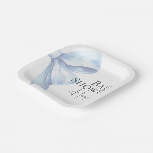 Elegante Dusty Blue Bow Waterverf Baby shower Boy Papieren Bordje (Gebogen)