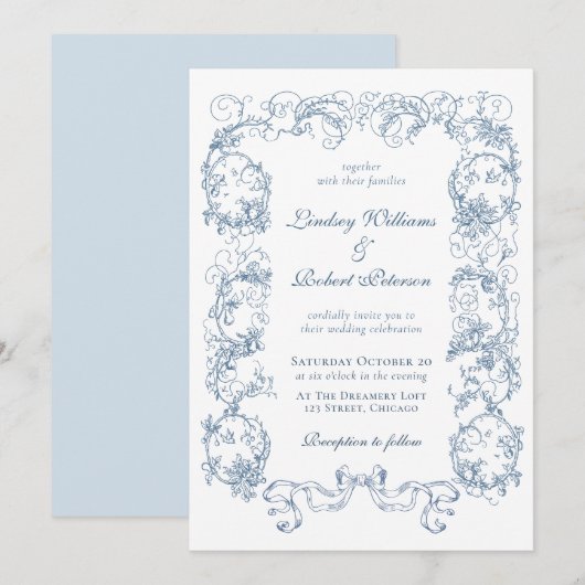 Elegante  Dusty Blue  bruiloft Kaart (Voorkant / Achterkant)