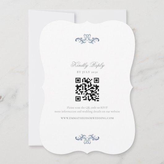 Elegante Dusty Blue bruiloft uitnodiging met QR-co (Achterkant)