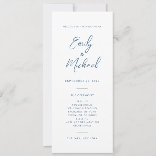 Elegante Dusty Blue Calligraphy Wedding Program Kaart (Voorkant)