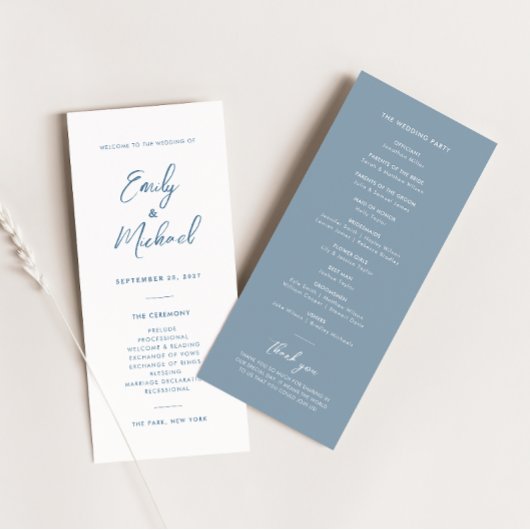 Elegante Dusty Blue Calligraphy Wedding Program Kaart