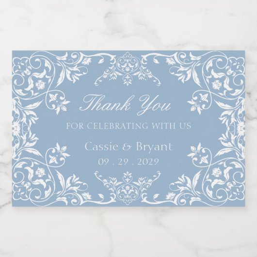 Elegante Dusty Blue Chinoiserie bruiloft Dank u Sparkling Wijnetiket (Enkel label)