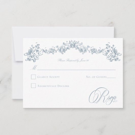 Elegante Dusty Blue Chinoiserie Cherub Wedding RSVP Kaartje (Voorkant)