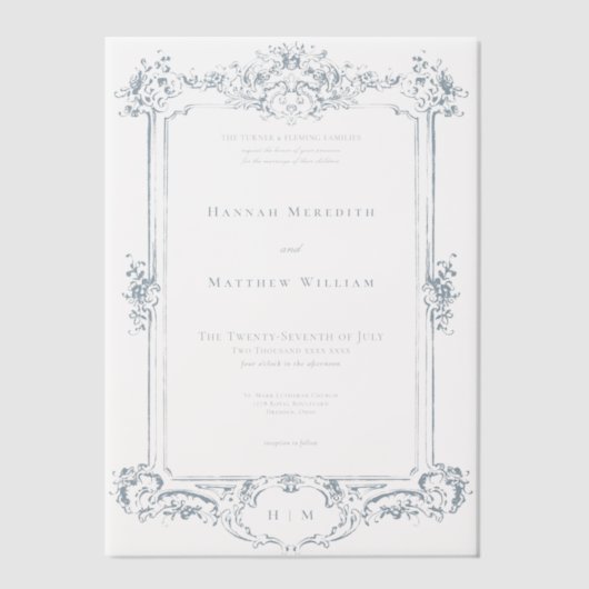 Elegante Dusty Blue Chinoiserie Cherub Wedding Vellum Uitnodigingen (Voorkant)