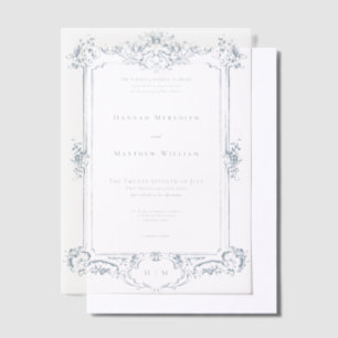 Elegante Dusty Blue Chinoiserie Cherub Wedding Vellum Uitnodigingen