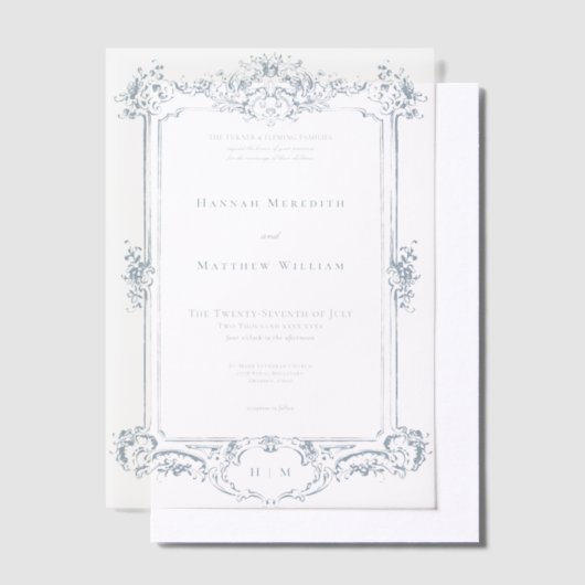 Elegante Dusty Blue Chinoiserie Cherub Wedding Vellum Uitnodigingen (Offset)