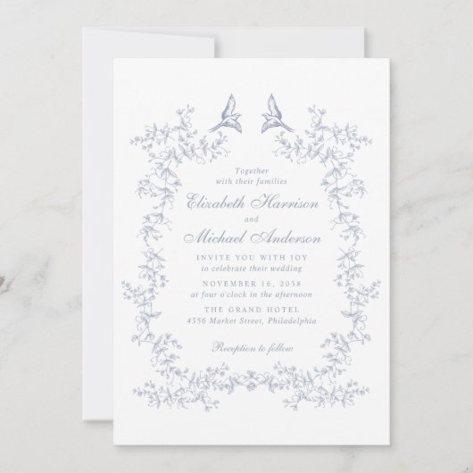 Elegante Dusty Blue Chinoiserie Waterverf bruiloft Kaart (Voorkant)