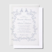 Elegante Dusty Blue Chinoiserie Waterverf bruiloft Vellum Uitnodigingen (Offset)