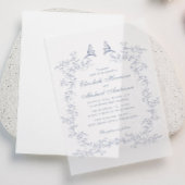 Elegante Dusty Blue Chinoiserie Waterverf bruiloft Vellum Uitnodigingen